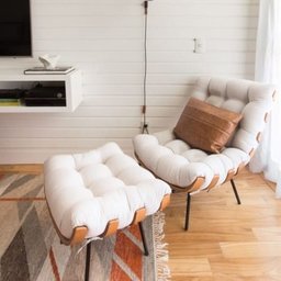 Cadeira Costela Decorativa Sala Quarto com Puff Linho Luxo - 4