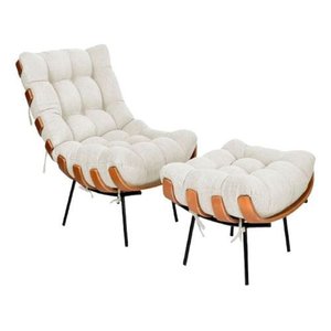 Cadeira Costela Decorativa Sala Quarto com Puff Linho Luxo
