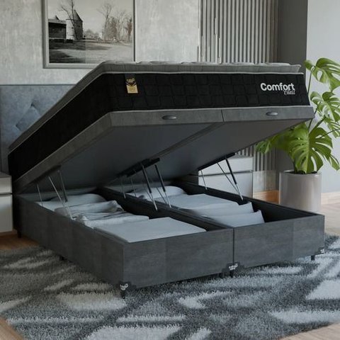 Cama Box Baú Queen + Colchão Comfort Class Pillow Top Preto/suede Cinza