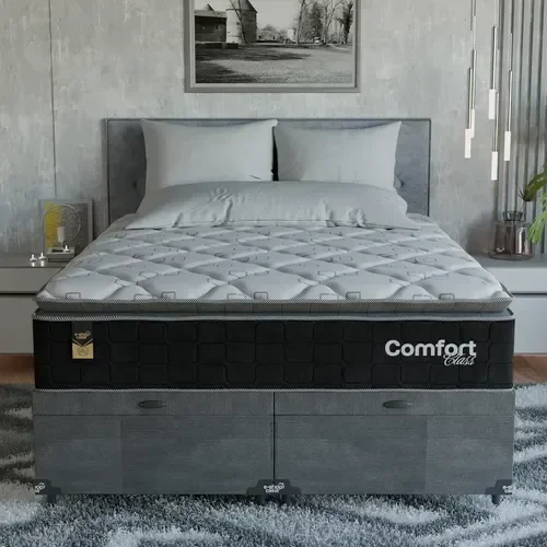 Ver mais imagens de Cama Box Baú Queen + Colchão Comfort Class Pillow Top Preto/suede Cinza