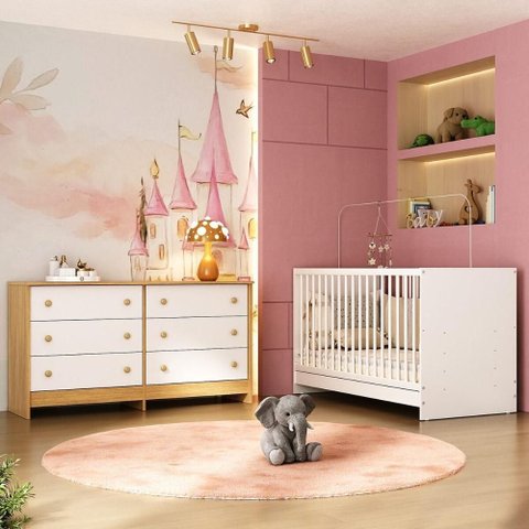 Berço 3 em 1 para Colchão 130 X 60cm com Cômoda Framboesa Multimóveis Mp4679 - Branco/madeirado