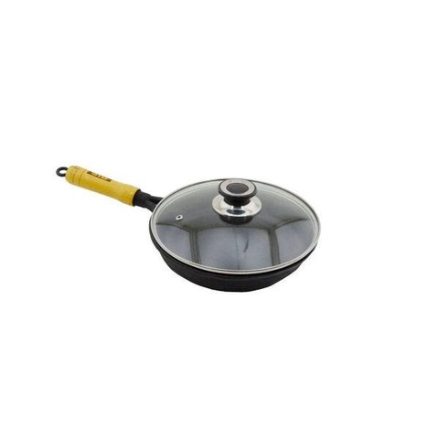 Frigideira Ferro Fundido Cabo Madeira Tampa Vidro 24cm