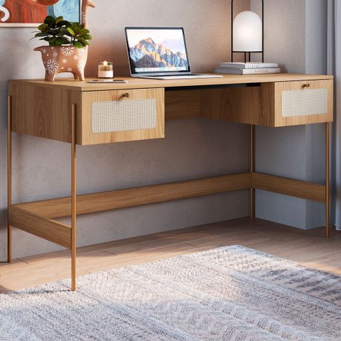 Escrivaninha 2 Gavetas 139cm Palhinha Pés Metálicos 28931 Oslo Artesano - Hanover/dourado