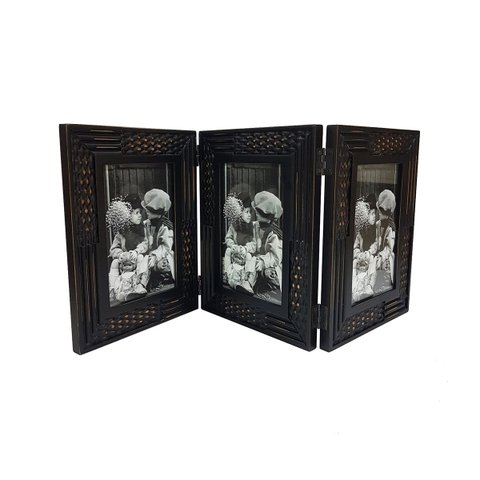 Porta Retrato de Mesa 3 Fotos Moldura C/ Vidro Vintage Preto