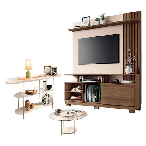 Estante Home Theater Artheo Castanho Off White com Mesa de Centro Sky com Tampo de Vidro e Aparador