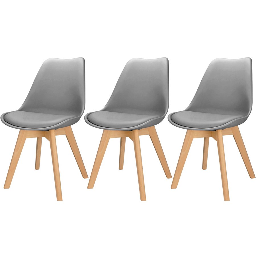 3x Cadeira Charles Eames Leda Design Wood Estofada Base Madeira Cinza