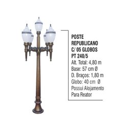 Poste Colonial Republicano Jardim de Alumínio 05 Globo 4,80m - 2