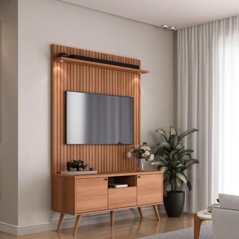 Rack Movelove 2 Portas e 1 Gaveta com Painel Led Efeito Ripado para Tv 70 Polegadas River 136cm