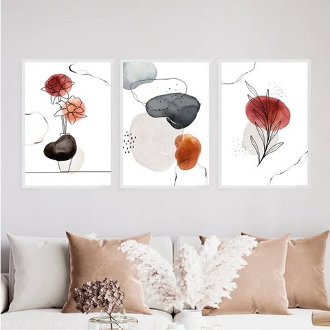 Kit 3 Quadros Flores One Line Aquarela 24x18cm - com vidro:Madeira branca