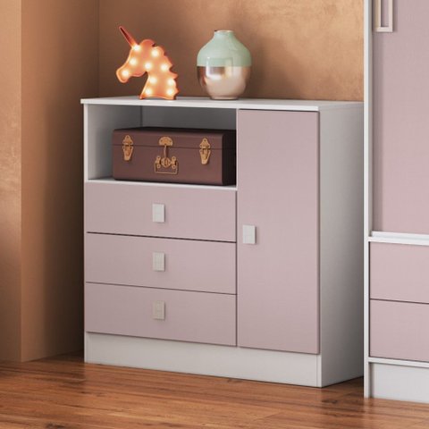 Cômoda de Bebê 3 Gavetas 1 Porta 1360 Baby Rosa/Branco