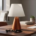 Ver imagem 1 de Luminária de Mesa Abajur Cone Cobre Alumínio Bivolt com Cúpula Tecido Algodão