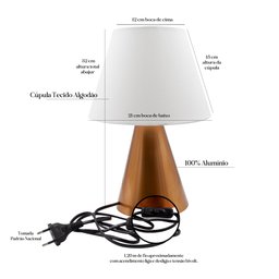 Abajur Luminária de Mesa Cone Cobre com Cúpula de Algodão Branco P Sala, Cama, Quarto e Cabeceira - 3