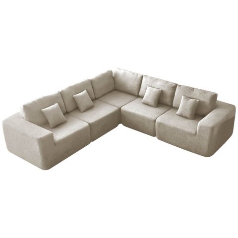 Kit Sofá Modular 5 Lugares Moderno Curvo Orgânico Adapt Linho Bege
