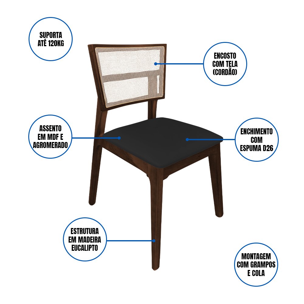 Kit 4 Cadeiras de Jantar Manuela em Tela Assento Veludo Preto Base em Madeira Maciça - Mel - 2