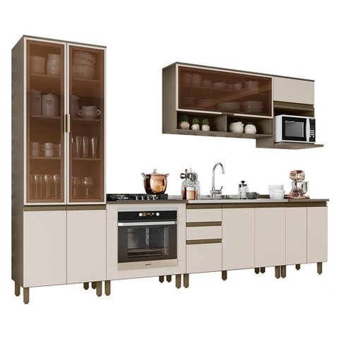 Cozinha Completa 7 Peças Connect Duna-Cristal com Cristaleira e Aéreo Micro-Ondas - Móveis Henn