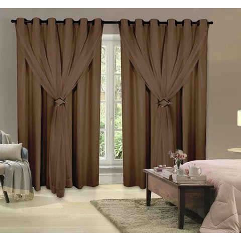 Cortina Corta Luz 100% Blackout com Voil para Sala ou Quarto 3,00M x 2,50M Tabaco para Varão Simples