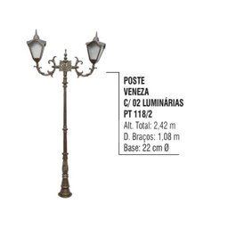 Poste Colonial Veneza Jardim de Alumínio 02 Luminária 2,42m - 2