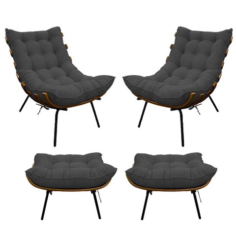 Kit 02 Poltronas e 02 Puffs Costela Base Fixa Linho - Doce Sonho Móveis - Chumbo