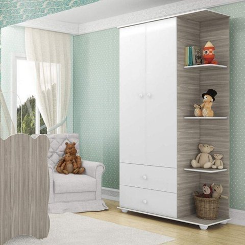 Guarda-Roupa Infantil com Cantoneira 2 Portas 2 Gavetas Bege/Branco