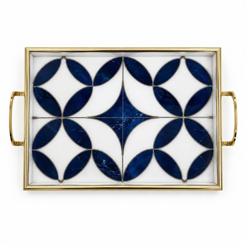 Bandeja Decorativa Branco com Detalhes Azul 30x45