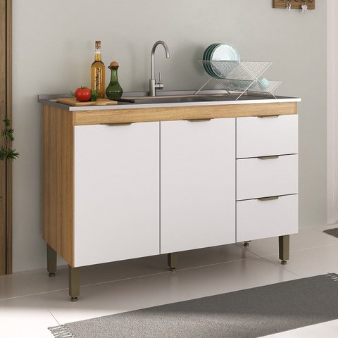 Balcao Pia de Cozinha 3 Gavetas 120 cm Branco/Lâmina Mel