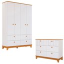 Ver imagem 1 de Conjunto Biscoito Roupeiro 4 Portas e Cômoda 6 Gavetas Branco Acetinado/nature