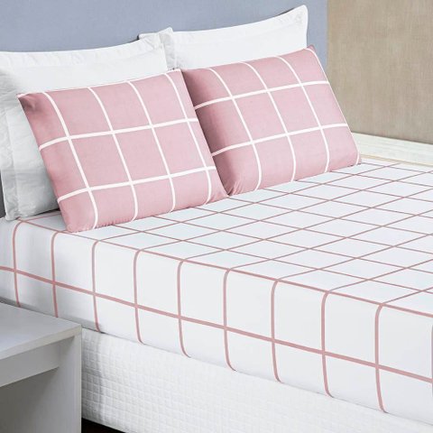 Jogo de Lençol Minimalista Casal Padrão 3 Peças Percal 200 Fios Quadriculado - Rosa