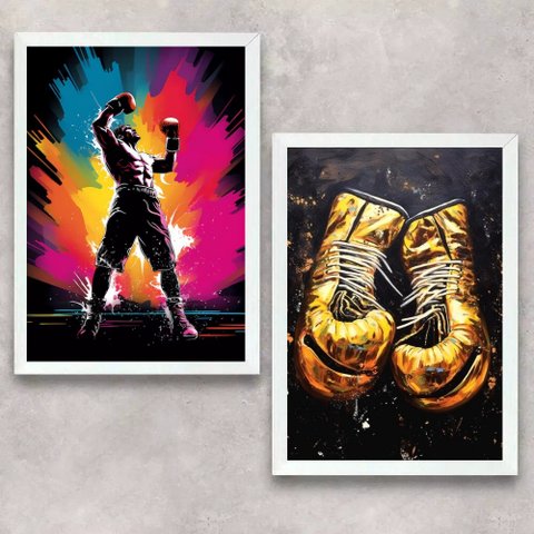 Kit 2 Quadros Artes Boxe - Campeão 45x34cm:moldura Branca