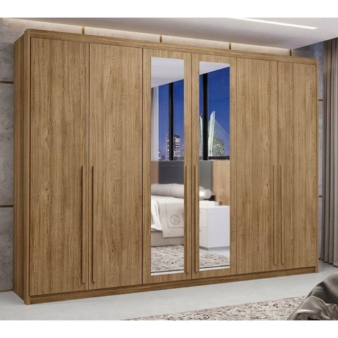 Guarda Roupa Casal 100% MDF 6 Portas 6 Gavetas com Espelhos Dubai Majestic Marrom/Nature