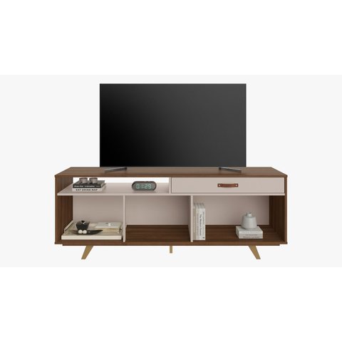 Rack Ímpar para Tv 65'' Puxadores em Couro e Pés de Madeira:avelã / Off