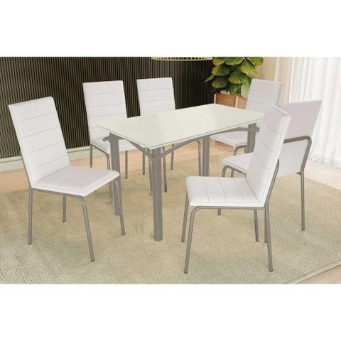 Conjunto: Mesa Sala Jantar Elba Tampo Madeirado C/ Vidro 120cm e 6 Cadeiras Amsterdã Niquel/off