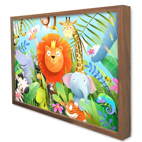 Quadro Decorativo Safari na Selva em Moldura Caixa Tacolado Moldura Caixa Alta 4,5cm Madeira com Vid