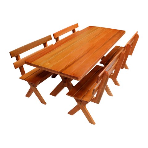 Conjunto Mesa Rústica 2m e 4 Bancos Madeira Maciça Eucalipto:Cerejeira