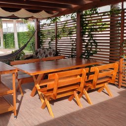 Conjunto Mesa Rústica 2m e 4 Bancos Madeira Maciça Eucalipto:Cerejeira - 6