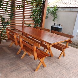 Conjunto Mesa Rústica 2m e 4 Bancos Madeira Maciça Eucalipto:Cerejeira - 5