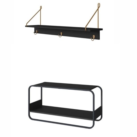 Kit Banco Sapateira Orgânico Luna Cabideiro Prateleira Oslo Artesano MDP Nero Base Metal Preto