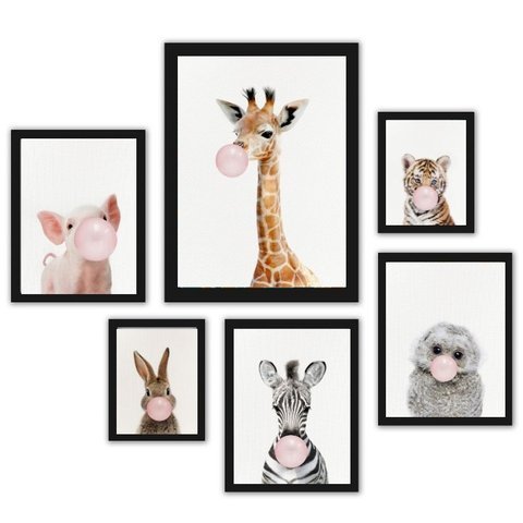 Composição 6 Quadros Animais Bubble Gum:madeira Branca