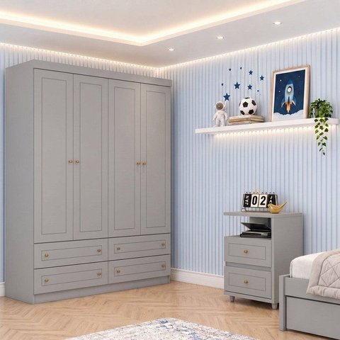 Conjunto Quarto Juvenil 4 Portas e Mesa de Cabeceira Americano Cinza