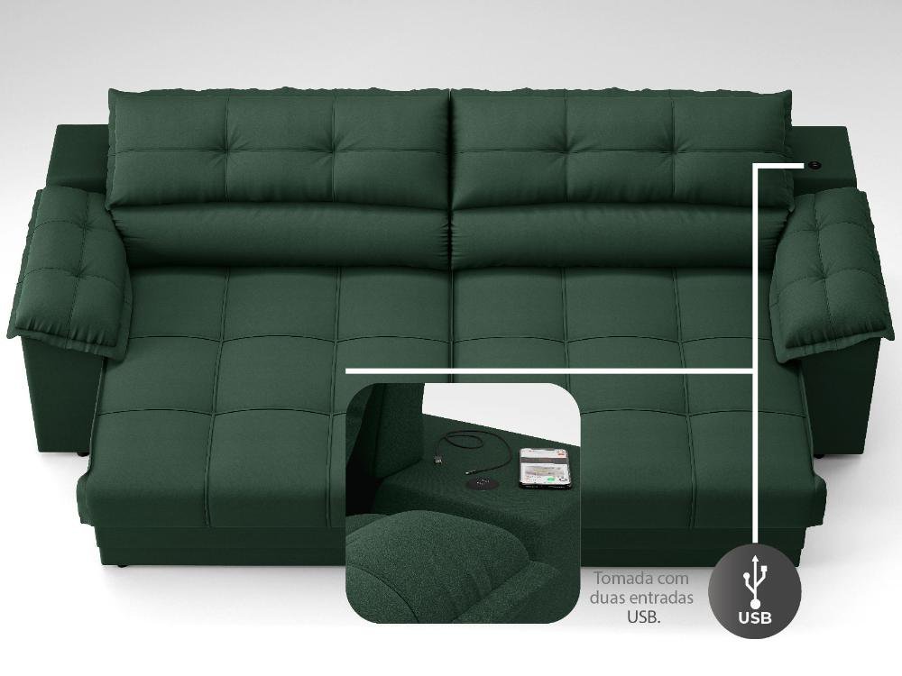 Sofá com Carregador Usb e Molas no Assento Retrátil Reclinável Mimo 2,30m Velosuede Verde - Netsofas - 6