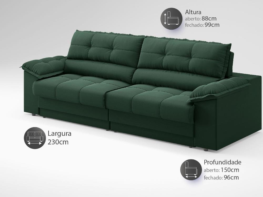 Sofá com Carregador Usb e Molas no Assento Retrátil Reclinável Mimo 2,30m Velosuede Verde - Netsofas - 2