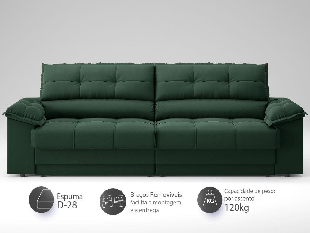 Sofá com Carregador Usb e Molas no Assento Retrátil Reclinável Mimo 2,30m Velosuede Verde - Netsofas - 3