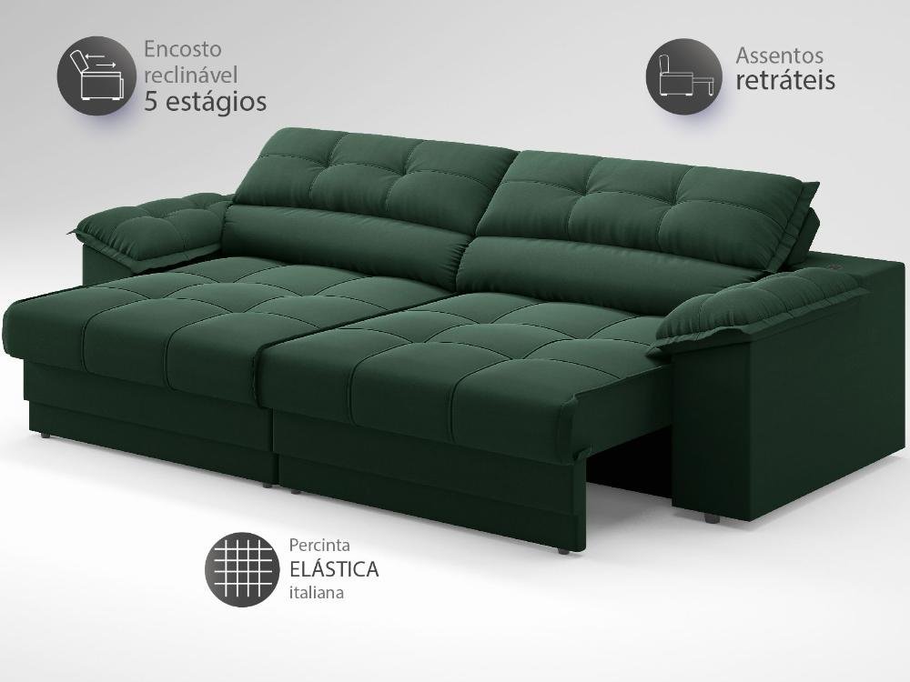 Sofá com Carregador Usb e Molas no Assento Retrátil Reclinável Mimo 2,30m Velosuede Verde - Netsofas - 4