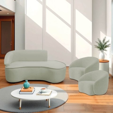 Kit Divã Recamier Orgânico Marrocos 180cm Lado Direito e 2 Poltronas Amore Bouclé Verde Oliva