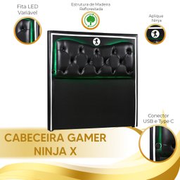 Cabeceira Gamer 1,40 LED e Carregador Ninja X Preto / Branco - Star Confot - 7 Cabeceira Gamer 1,40 LED e Carregador Ninja X Preto / Branco - Star Confot - 7