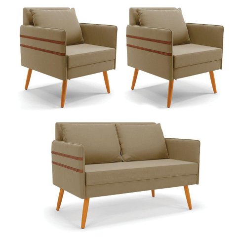 Kit 01 Namoradeira e 02 Poltronas Suede Marrom Rato Castanho