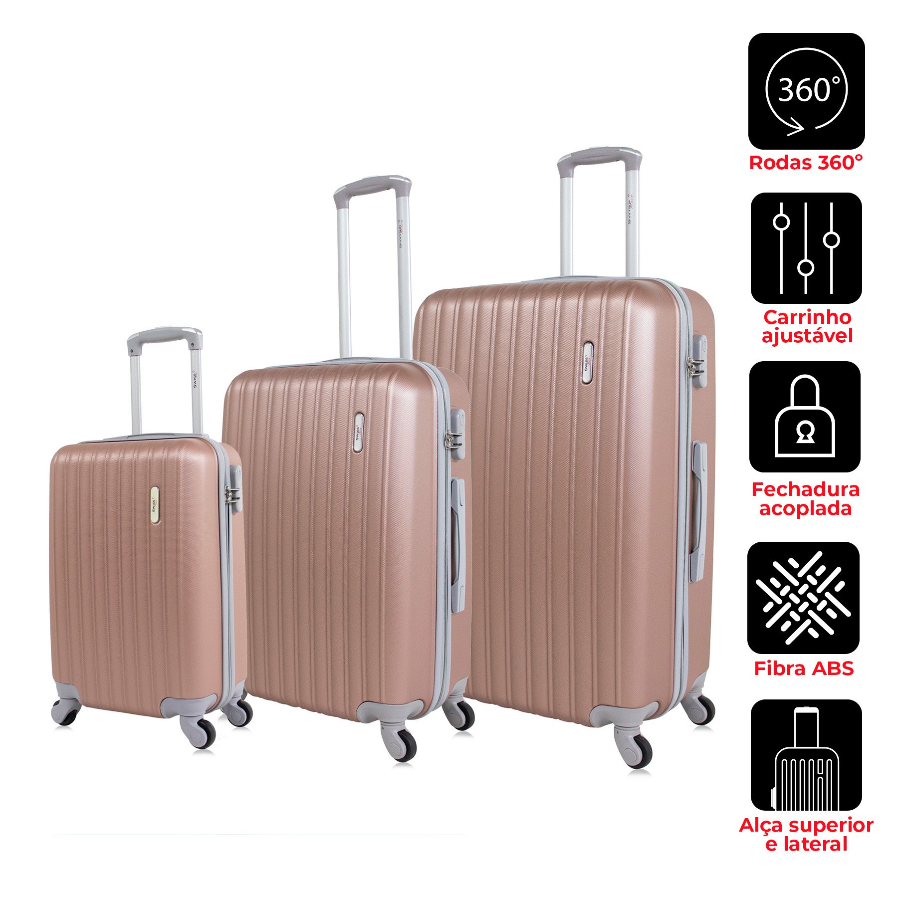 Conjunto de malas de viagem P, M e G Londres Swiss Move Rose - 5