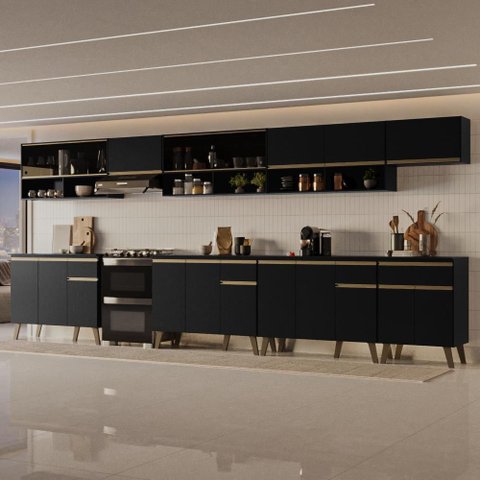 Armário de Cozinha Completa Atlanta Wave com Vidro Carraro Preto Touch