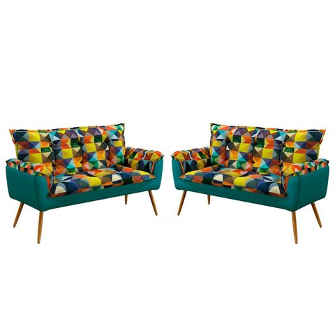 Kit 2 Poltronas Namoradeira Opala Suede Estampado Colorido com Azul Turquesa Aradecor