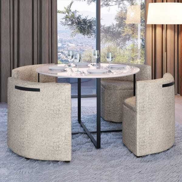 Conjunto Sala de Jantar Mesa Redonda 4 Cadeiras Estofadas Pixel (Vidro Branco/Tecido Mescla)