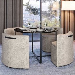 Conj Sala de Jantar Mesa Redonda Tampo de Vidro C/ 4 Cadeiras Estofadas Pixel (tampo Preto/tecido Me - 1